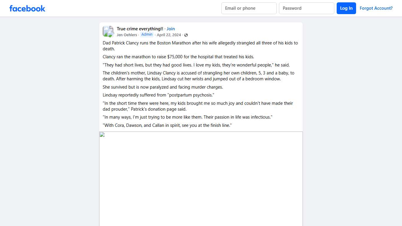 True crime everything!! Dad Patrick Clancy runs the Boston Marathon after his wife allegedly strangled all three of his kids to death Facebook